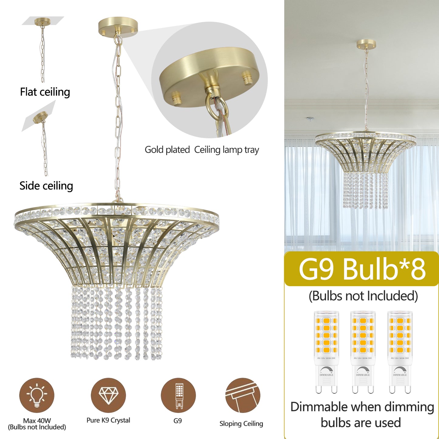 Modern Crystal Round Chandelier - Gold Finish Pendant Light