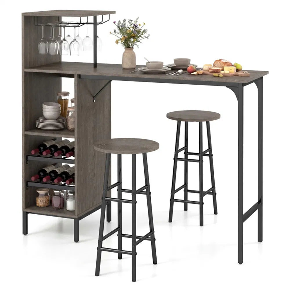 3-Piece Bar Table and Stools Set with Wine Storage - Oak