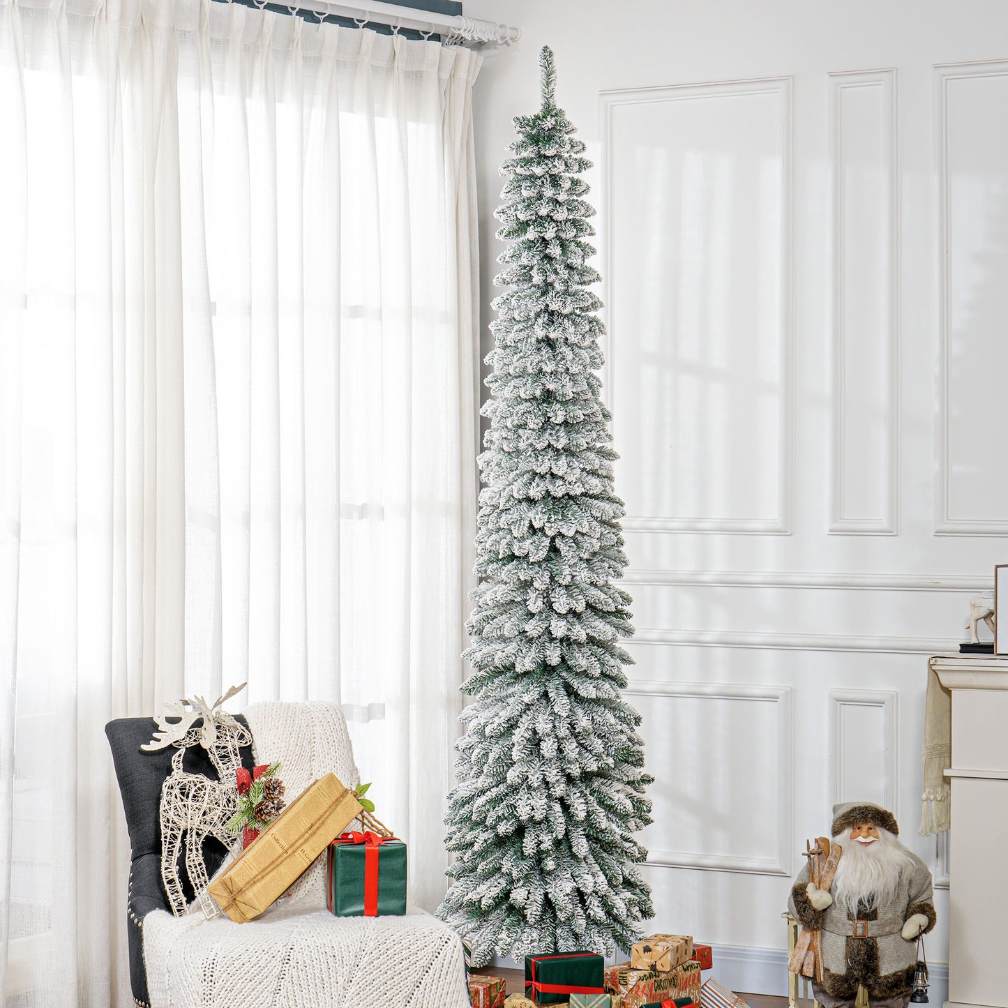 8ft Snow Flocked Slim Pencil Christmas Tree - Green, 603 Tips