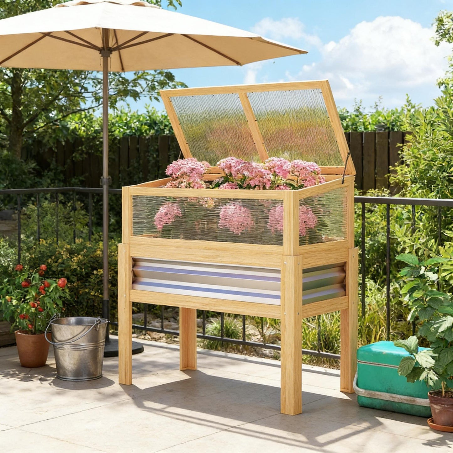 Elevated Raised Garden Bed with Cold Frame - Natural Wood