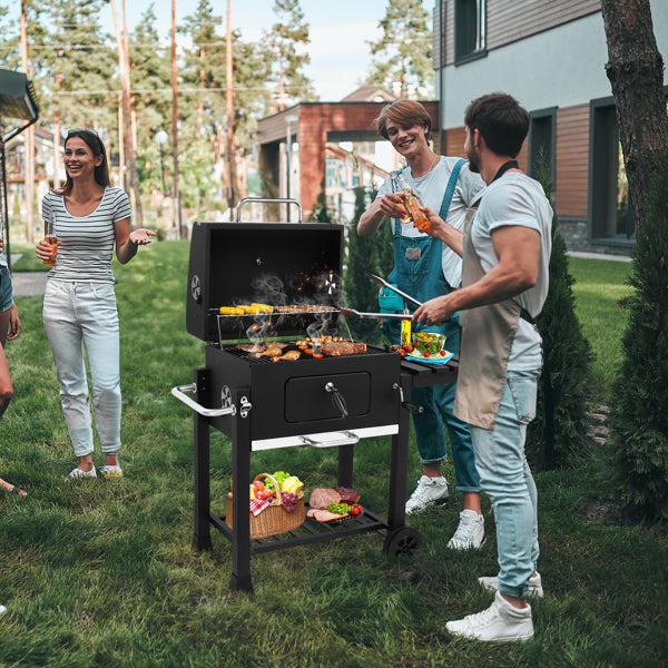 Heavy-Duty Charcoal Grill with Foldable Side Table and Wheels for Outdoor Cooking