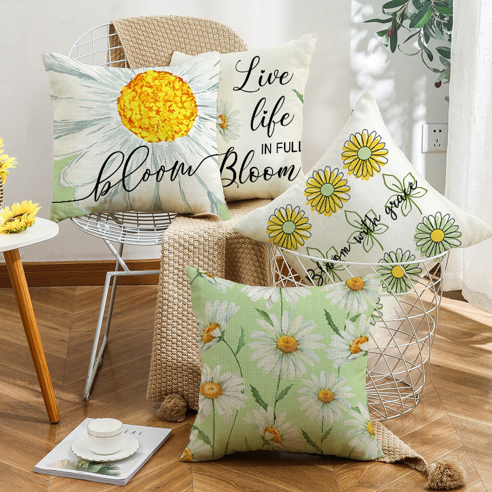 Summer Chrysanthemum Pillow Cover Green Plant Flower Linen 45x45cm Nordic Style