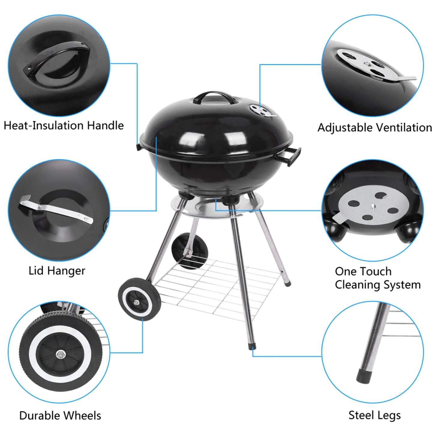 18-Inch Charcoal Grill with Spherical Design - Black
