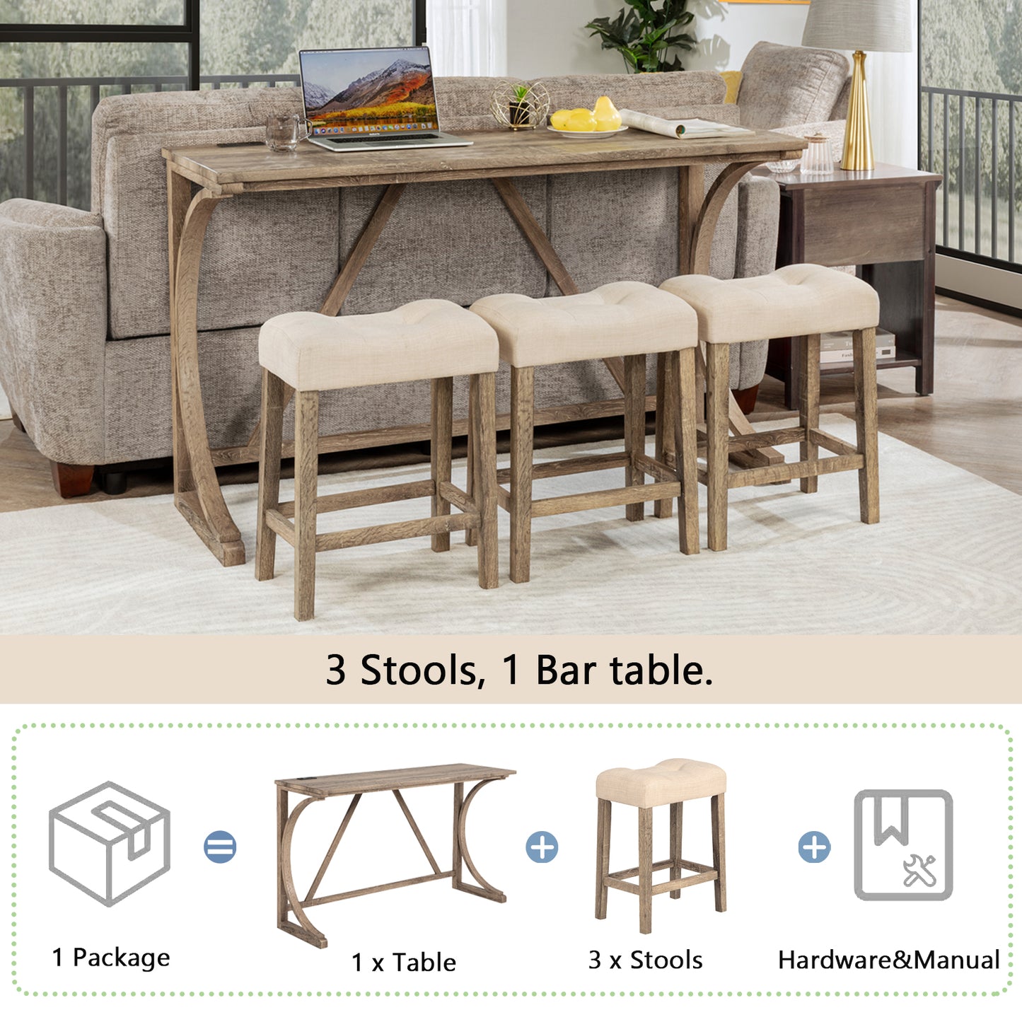 Bar Table Set with Power Outlet - 4-Piece Dining Set with 3 Stools, Brown