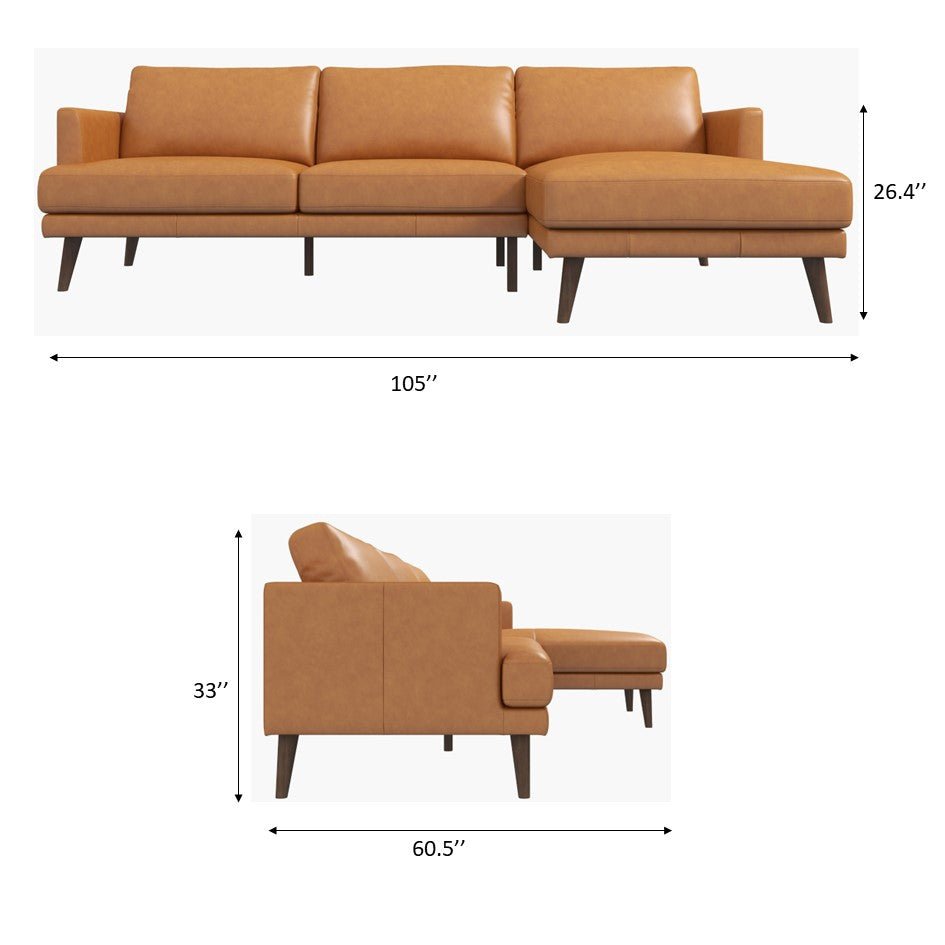 Lore L-Shaped Genuine Leather Sectional In Tan Right Facing