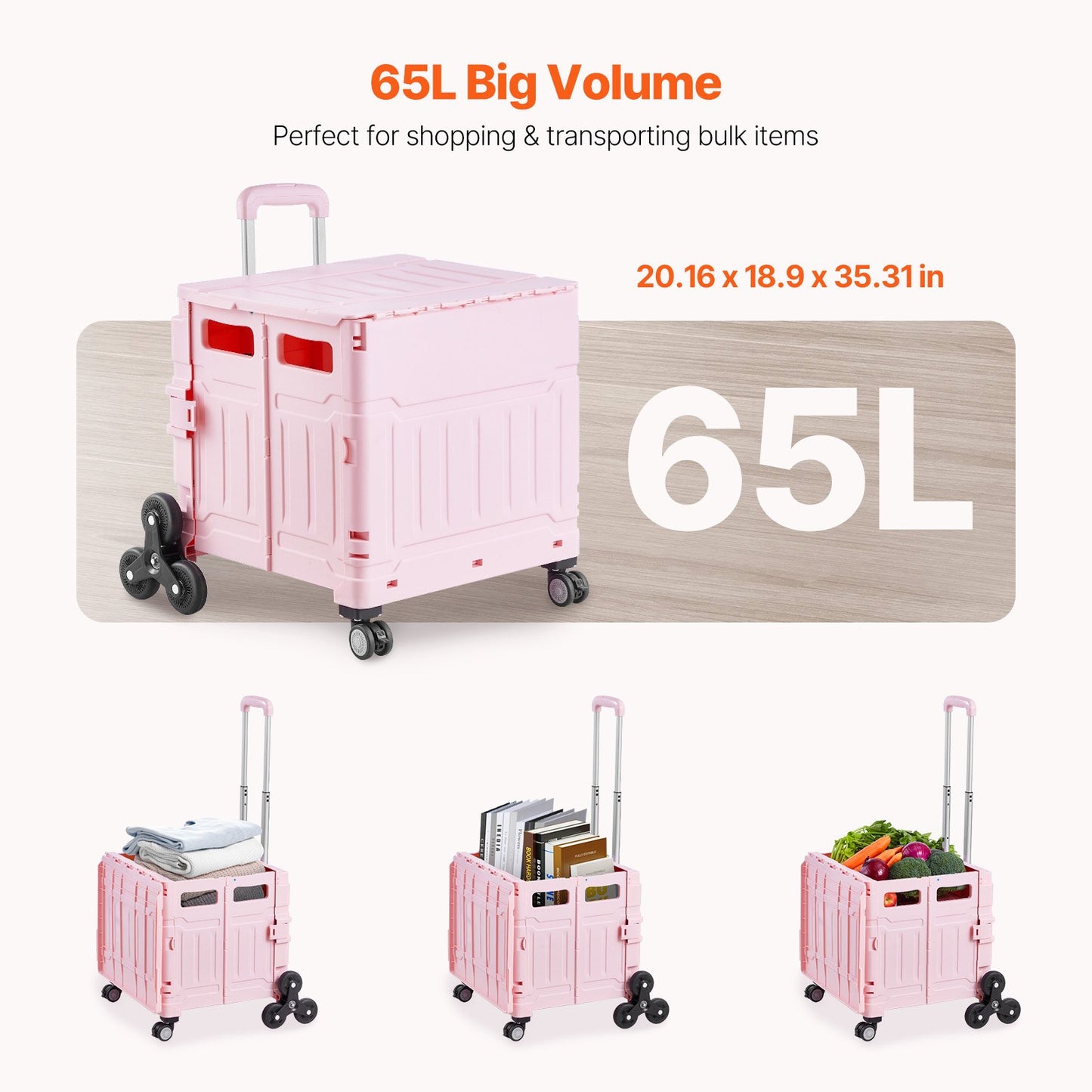 Foldable Stair Climbing Cart 65L with Pink Wheels - Collapsible Rolling Crate for Garden & Household