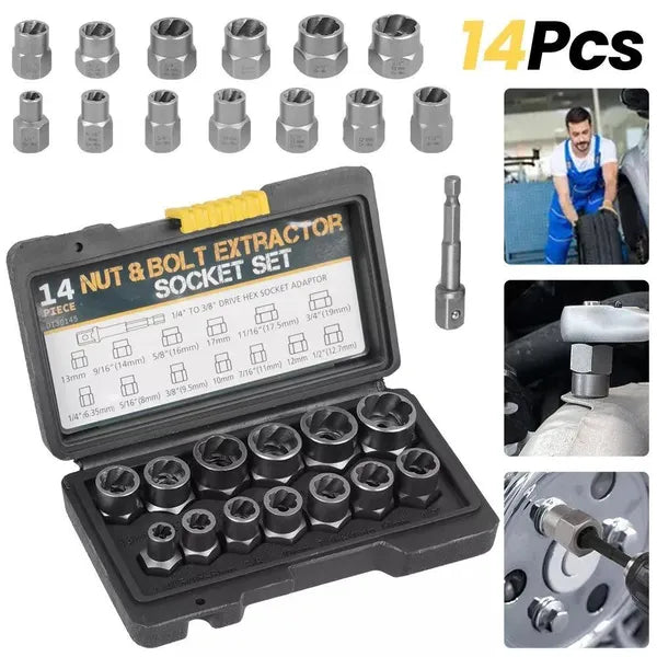 14-Piece Nut & Bolt Extractor Set for Damaged Fasteners | Hand Tool Kit