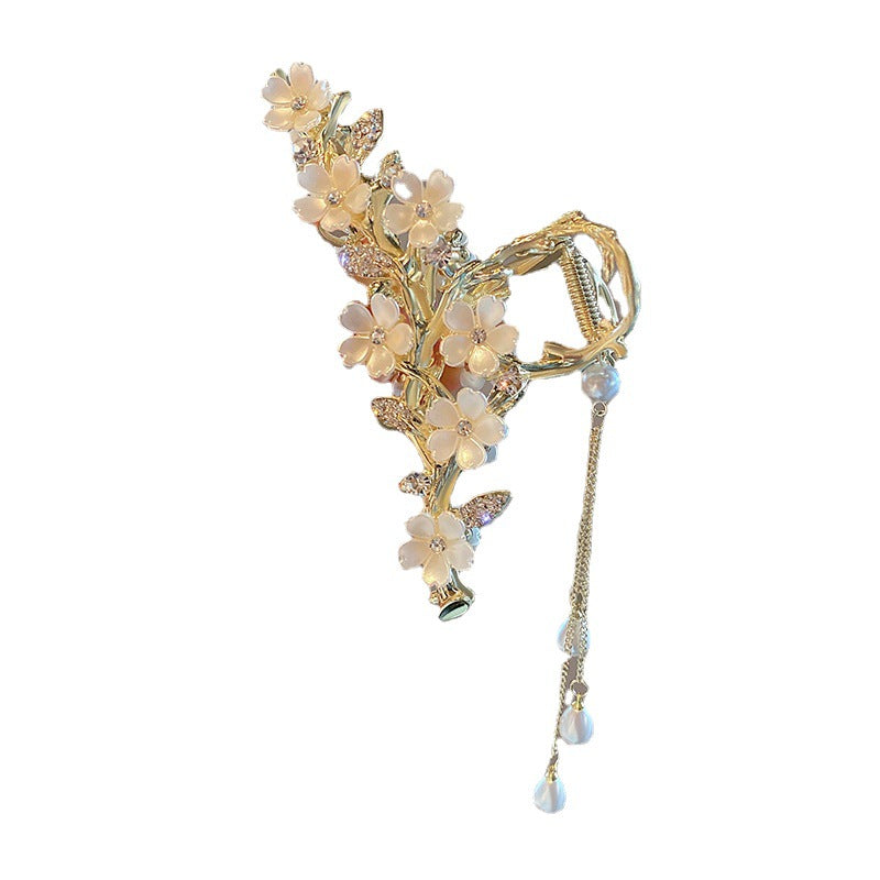 Large Metal Pearl Bell Orchid Tassel Hair Clip - Rhinestone Claw Grip