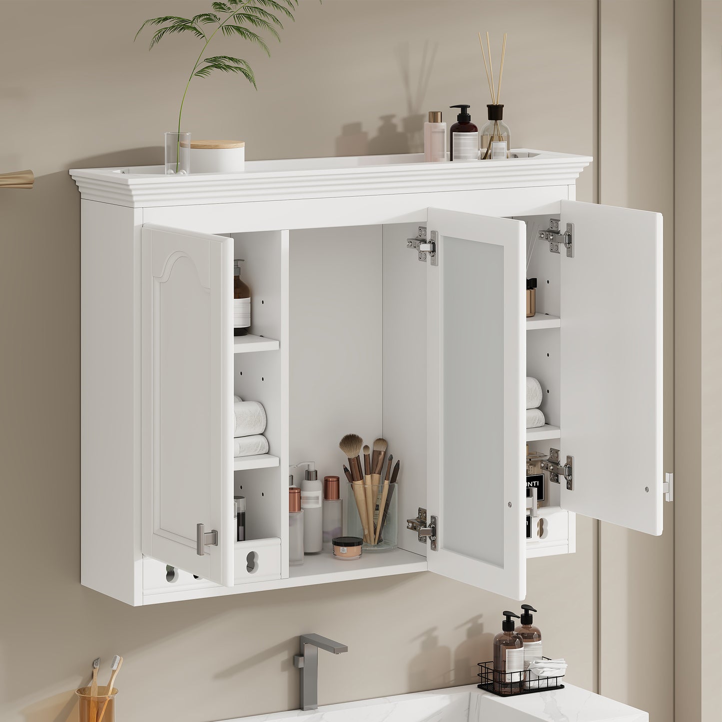 35 Inch Wall-Mount All-in-One Mirror Cabinet With Adjustable Shelves,