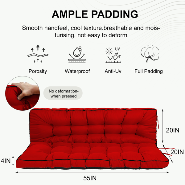 Outdoor Swing Cushions 55 Inch Waterproof 4-Inch Thick Seat Pad with Backrest and Ties