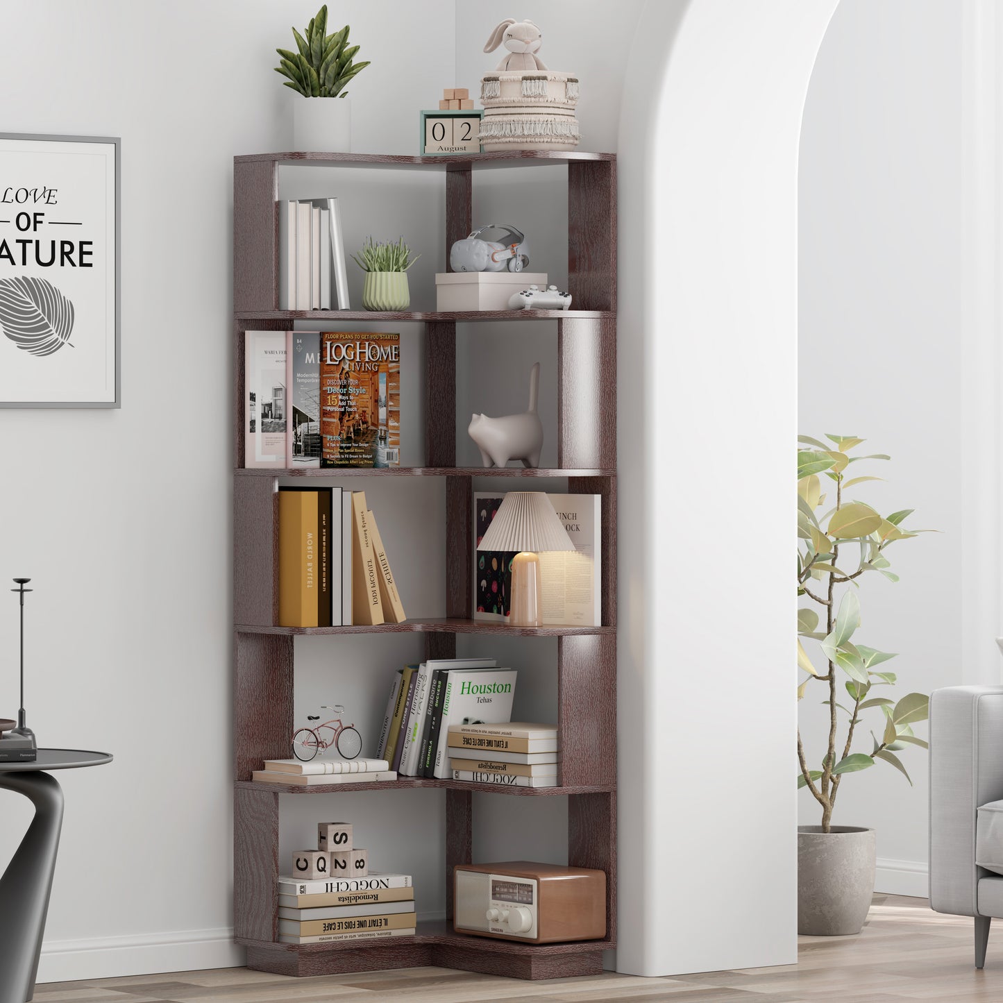 6 Tier Freestanding L-Shaped Corner Bookshelf For Living Room,