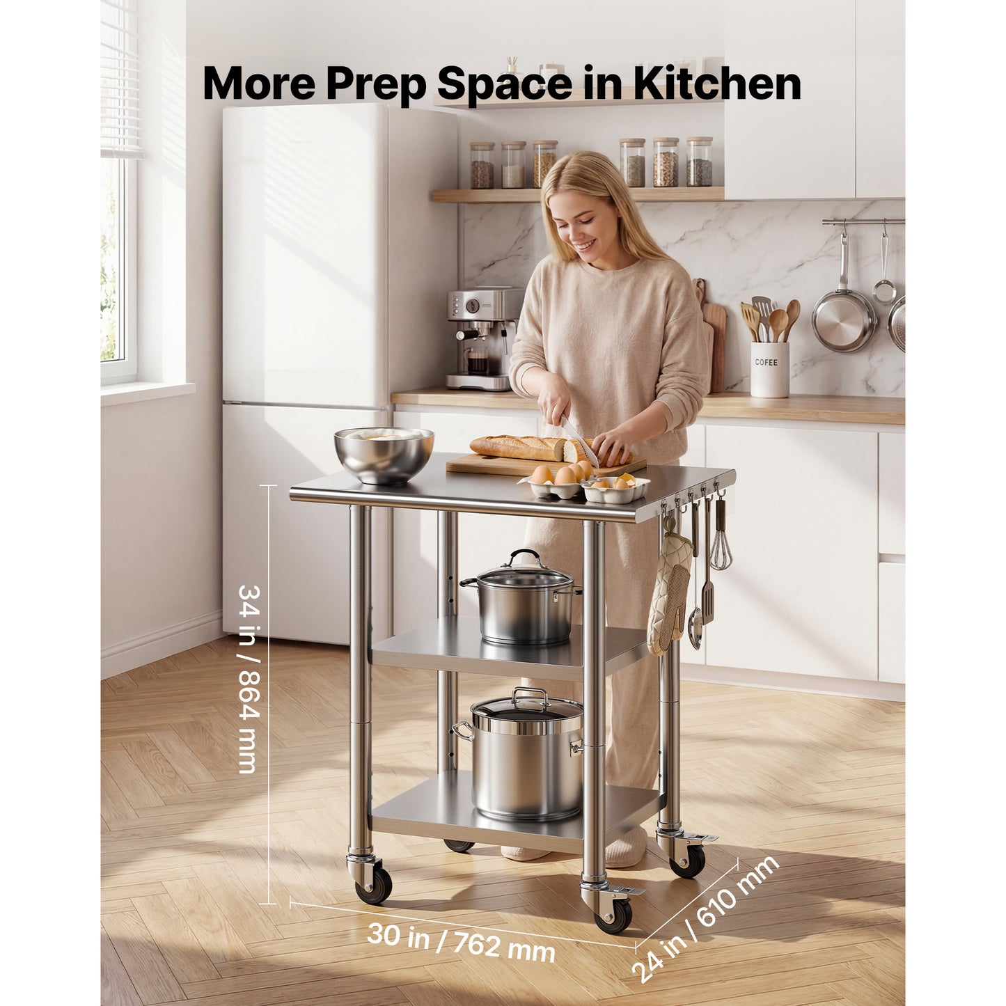 Stainless Steel Work Table 24x30 Inch Food Prep Table with Shelves & Wheels - Heavy Duty Kitchen Workstation