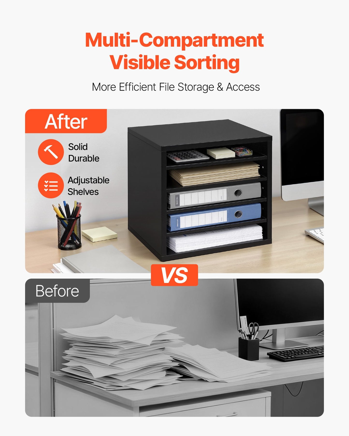 Wooden Literature Organizer with 5 Compartments and Adjustable Shelves - Office & Classroom Storage, Black