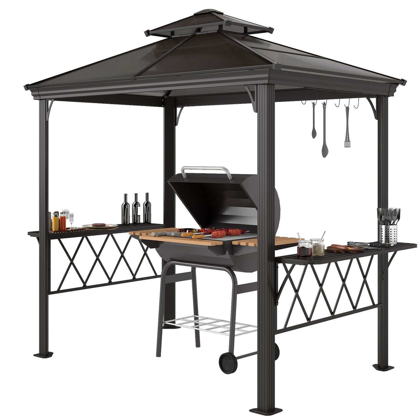 BBQ Canopy with Double Venting Roof & 6 Hooks - Coffee