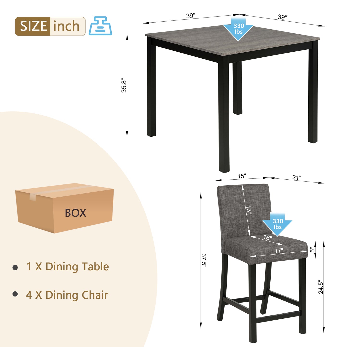 Counter Height Dining Table Set with 4 Chairs - Light Grey & Black