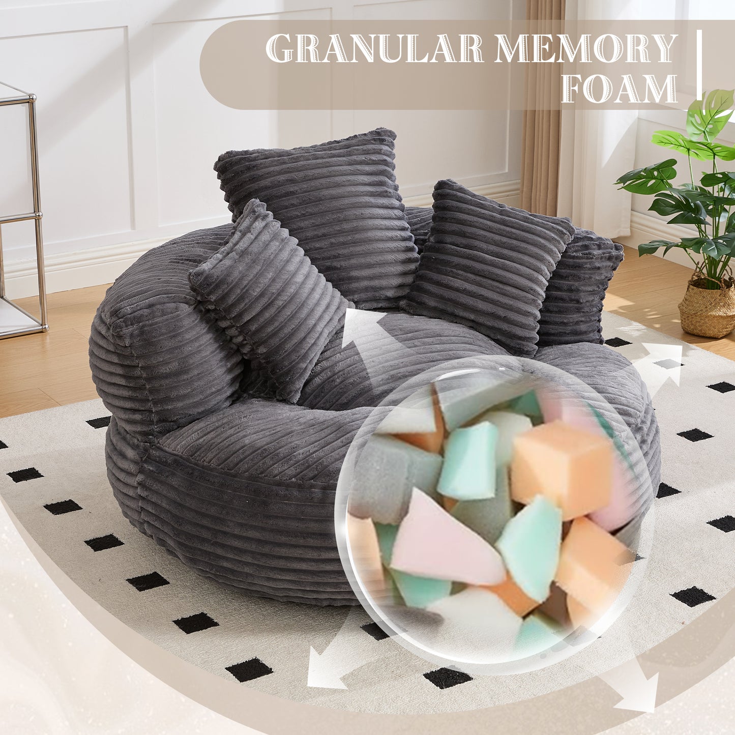 Oversized Corduroy Bean Bag Chair with 3 Pillows - Dark Gray