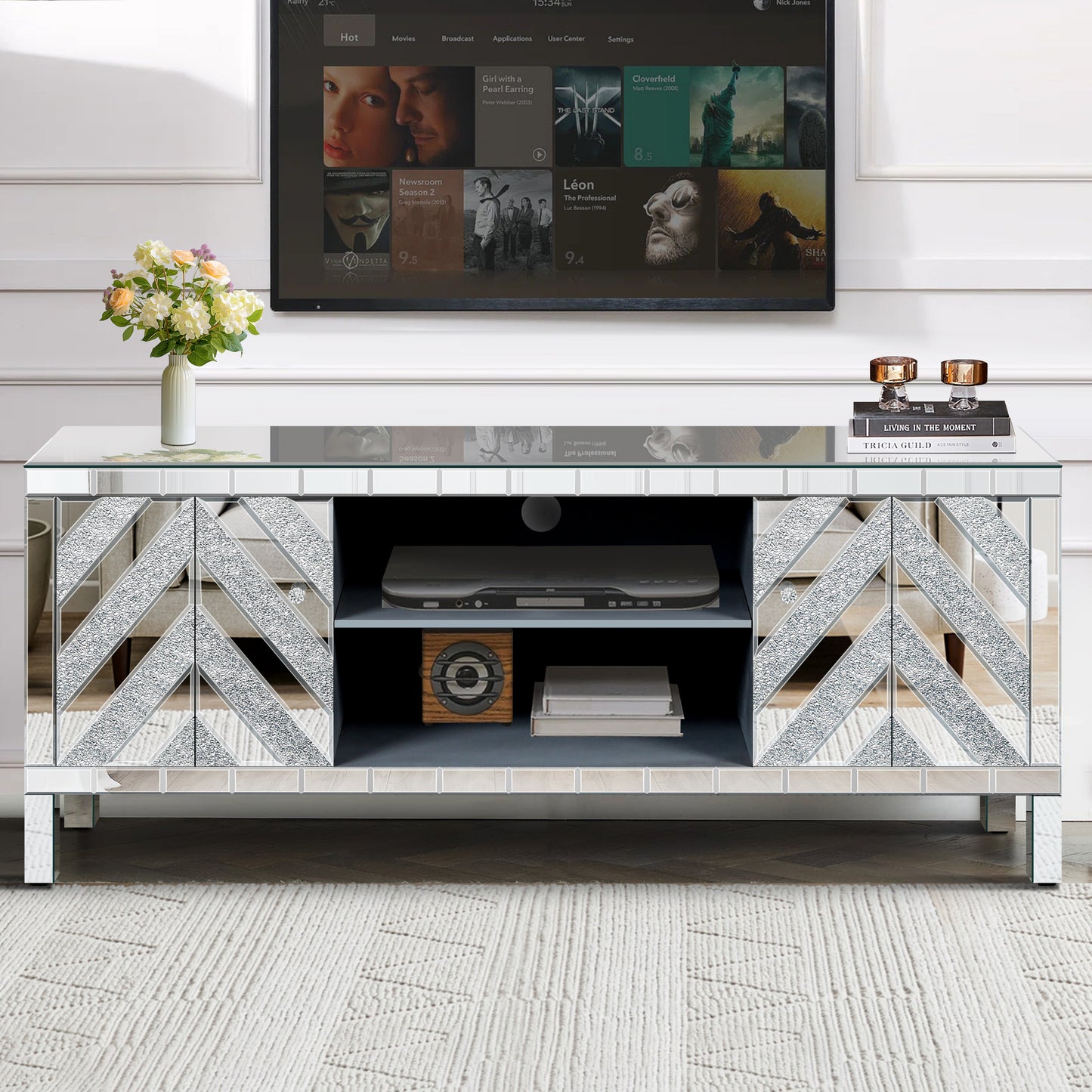 Mirrored TV Stand for 65-Inch TV - Silver Console Table with Storage