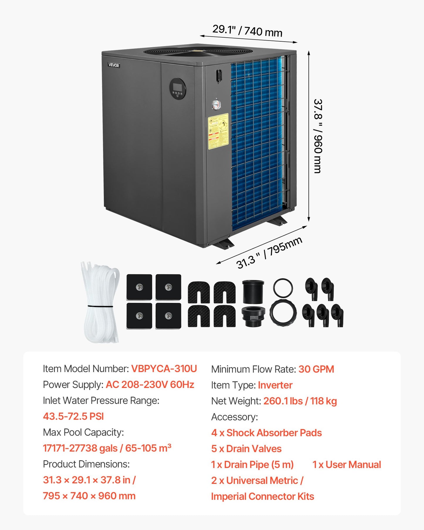 Electric Pool Heater Heat Pump 104,790 BTU WiFi App Control In-Ground Pool Up to 27,738 Gallons