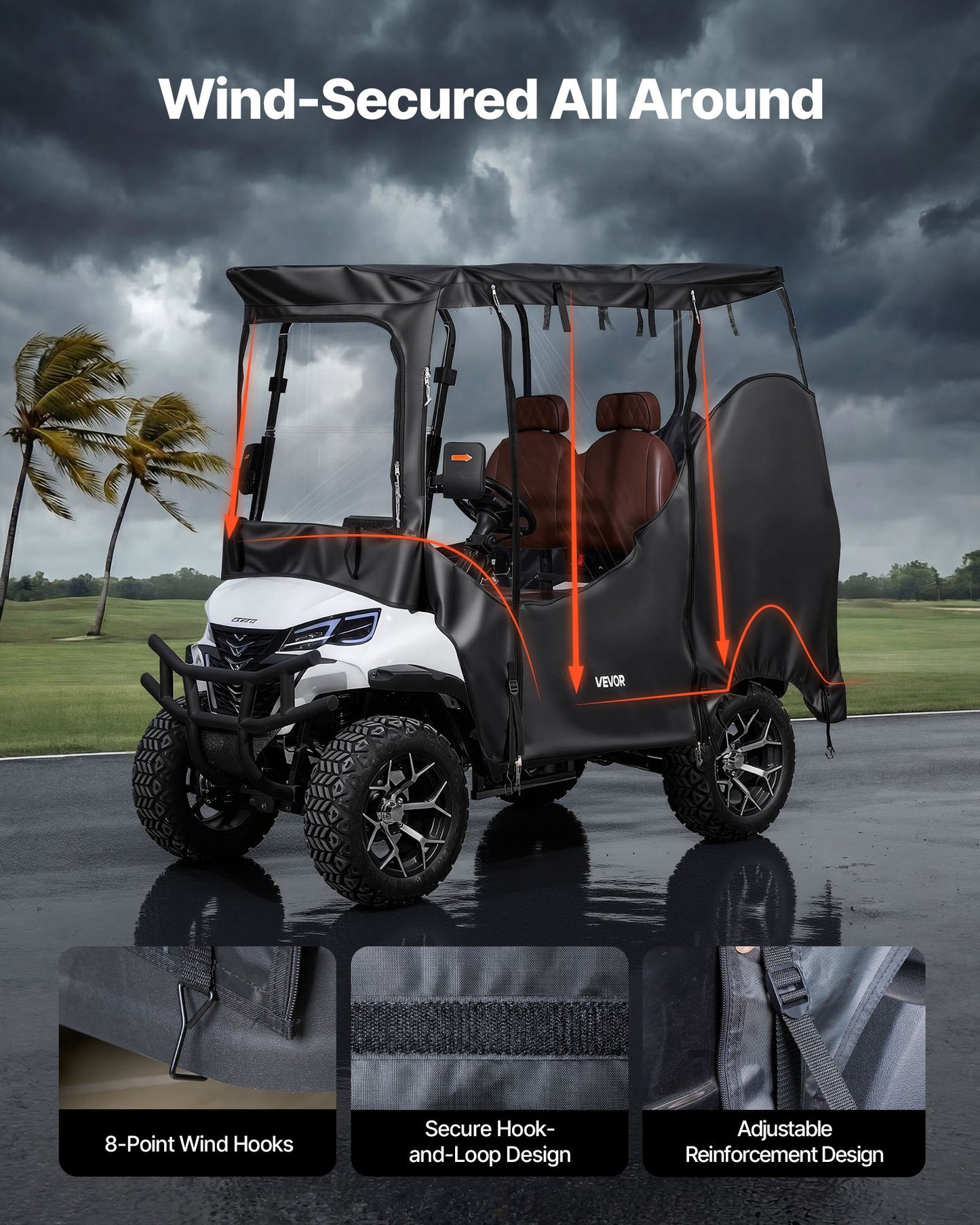 Waterproof Golf Cart Cover for 2-4 Passenger Carts - Full Enclosure, UV & Windproof, Fits Yamaha, EZGO, Club Car, Honda - Black