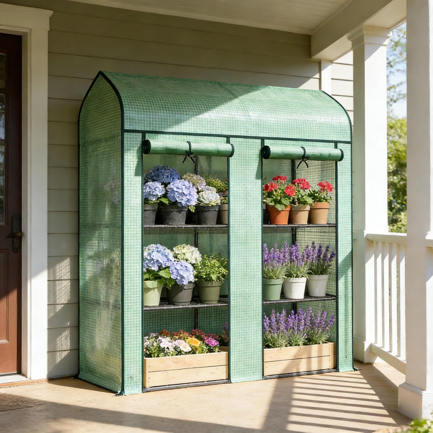 Portable Mini Greenhouse with Three-Tier Plant Shelf - Green