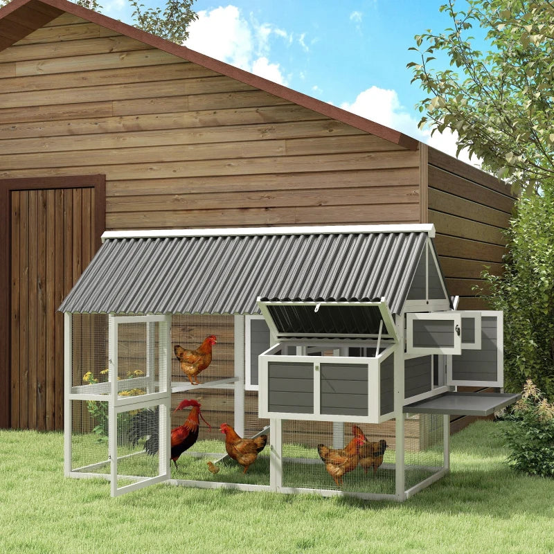 Wooden Chicken Coop with Run, Nesting Boxes, Roosting Bars, Ramp & Tray - Gray