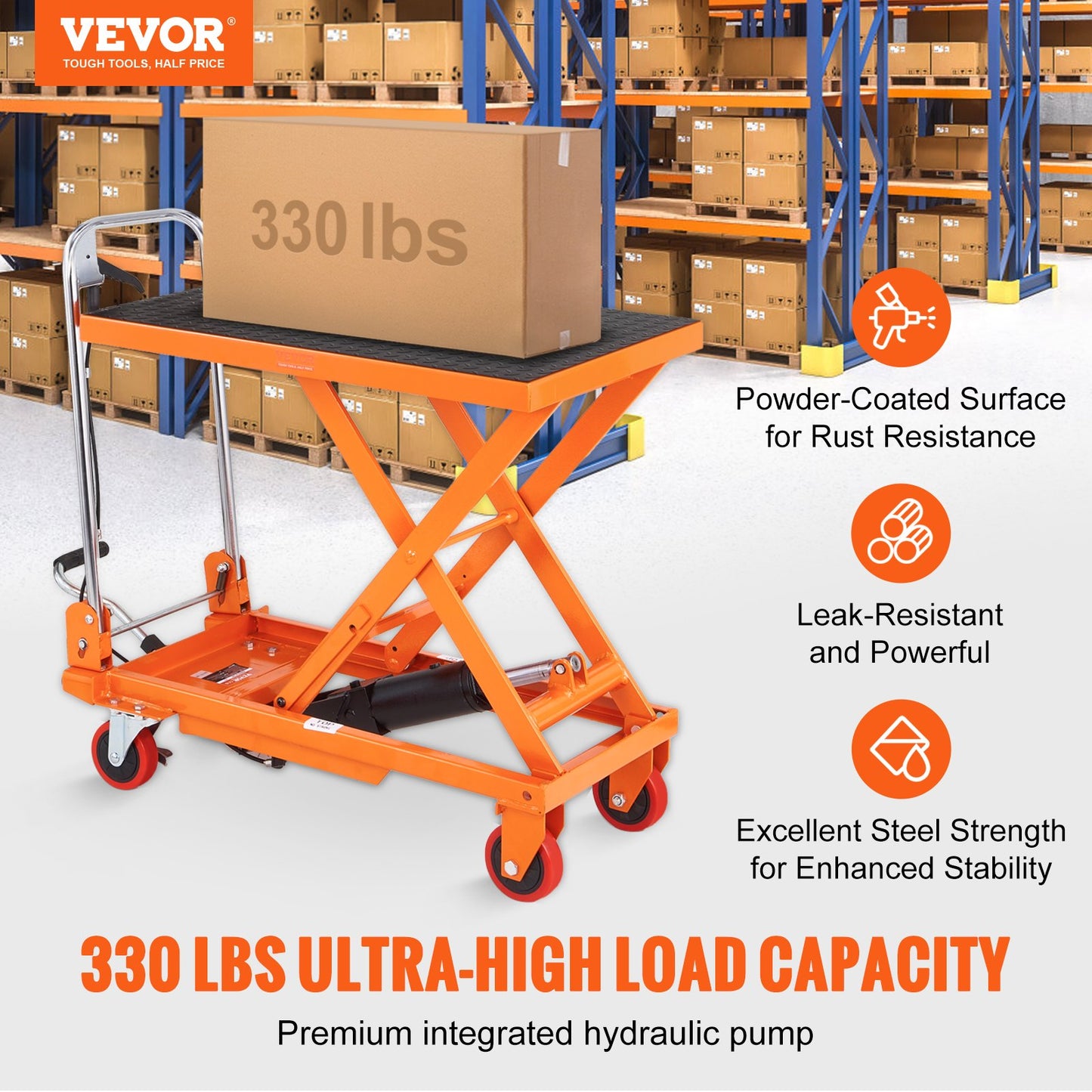 Hydraulic Lift Table Cart 330lbs Capacity with Non-slip Pad - Orange