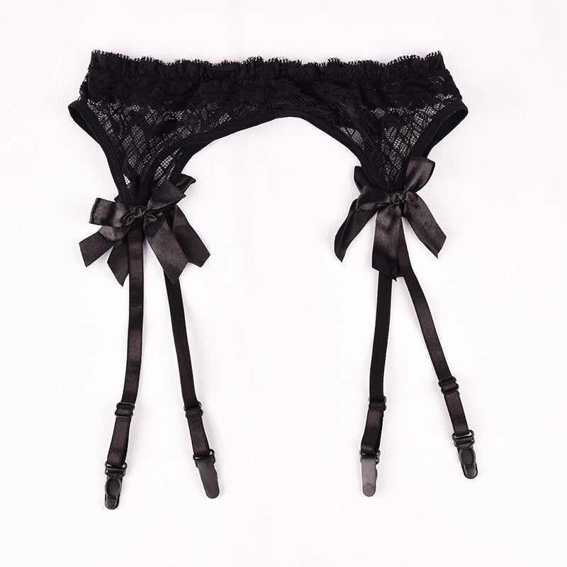 Transparent Lace Garter Belt with Bow - One Size, Black, White, Red, Pink