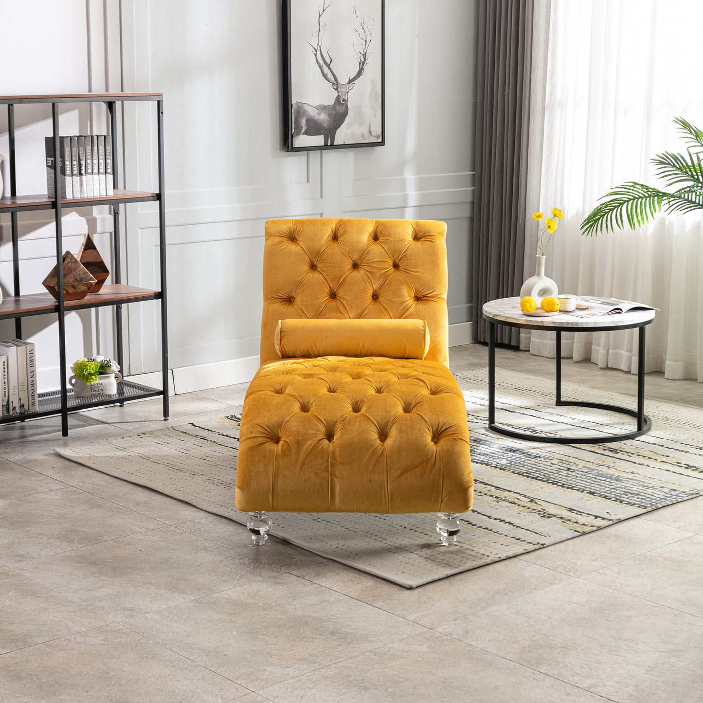 Mustard Velvet Chaise Lounge Chair - Button-Tufted Upholstered Design