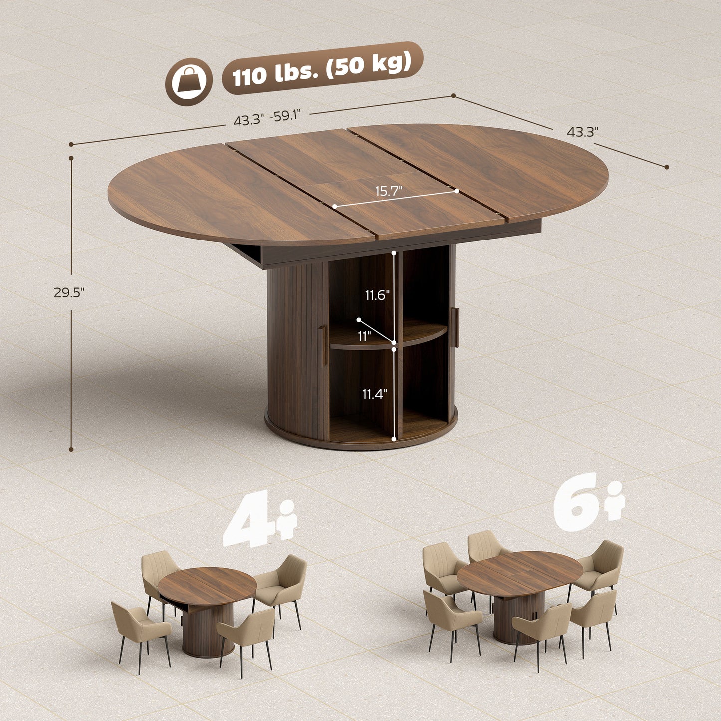 Extendable Dining Table for 6, 60" Farmhouse Kitchen with 2-Tier