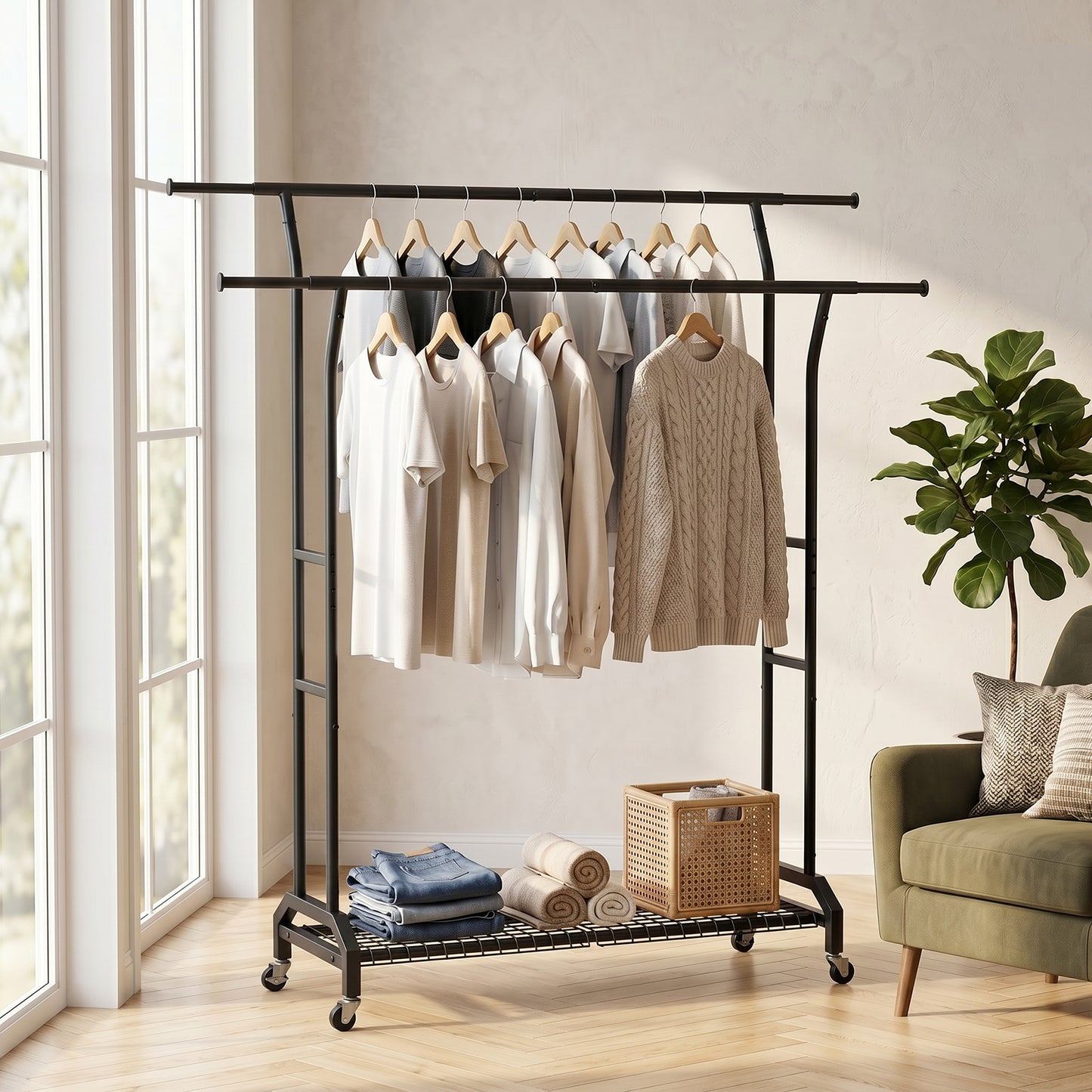 Height Adjustable Heavy Duty Metal Garment Rack with Double Rods