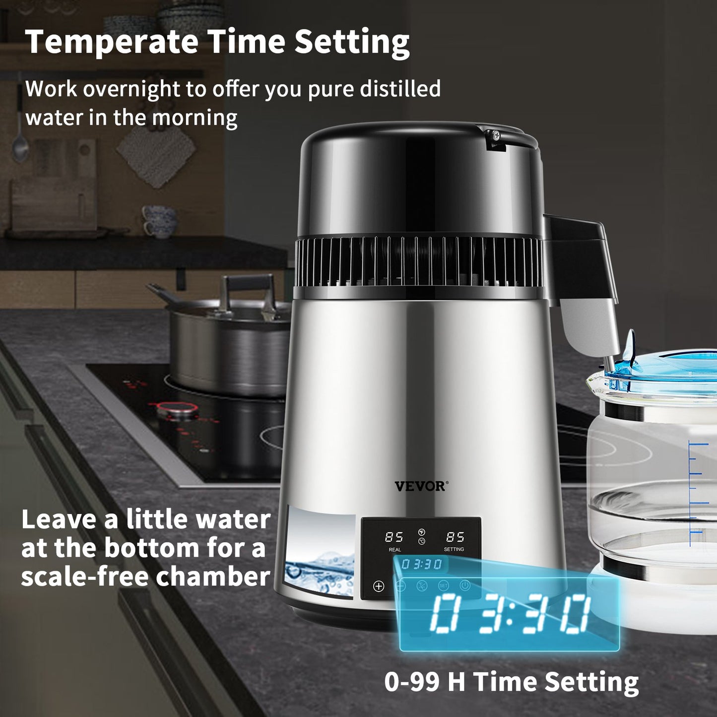 Water Distiller 1.1 Gallon Capacity, 750W Countertop Machine with Dual Temp & Timer - Silver