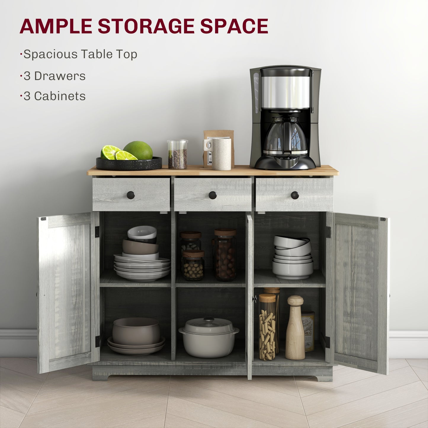 Kitchen Storage Cabinet with Adjustable Shelf & 3 Drawers - Light Gray