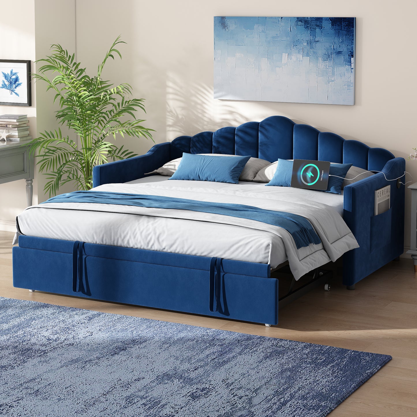 Upholstered Twin Size Daybed With Adjustable Height Pop Up Trundle