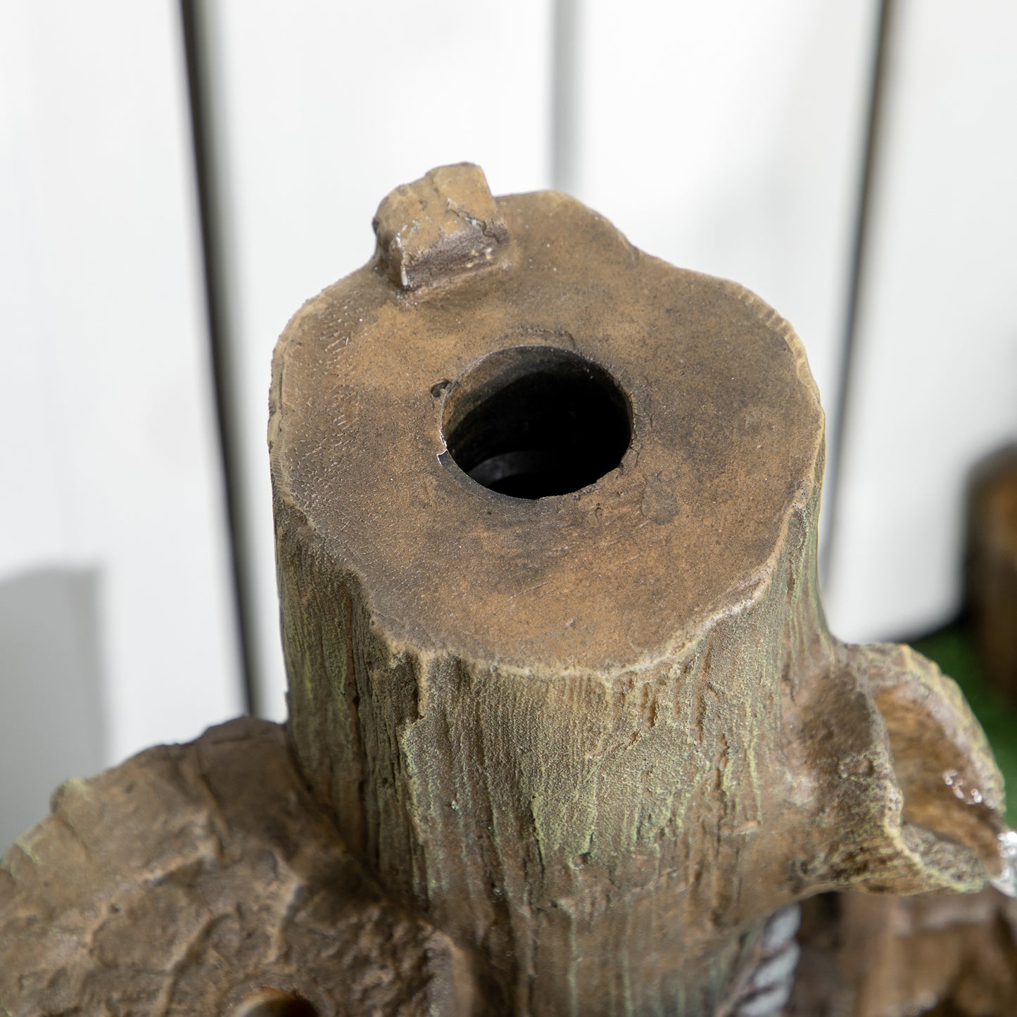 Outdoor Garden Fountain with Birdhouse and LED Lights - Rustic Tree Trunk Design
