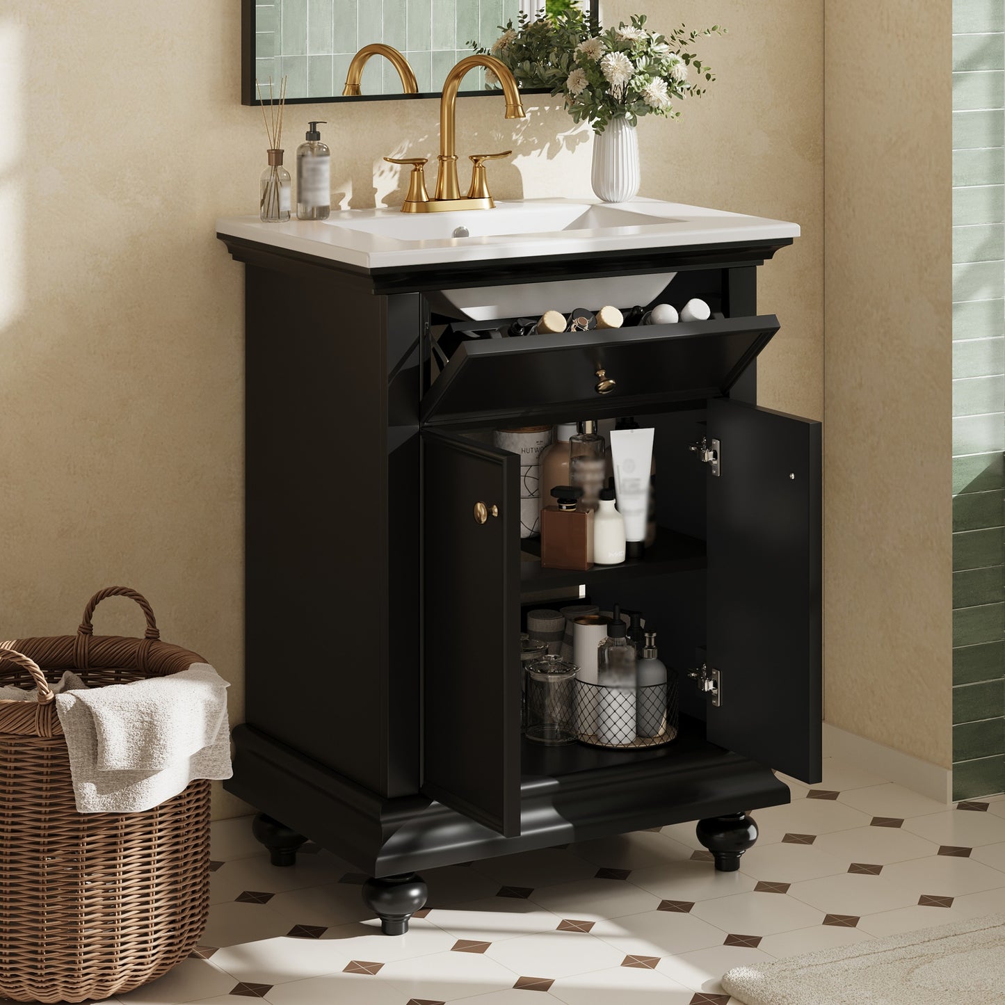 24" Black Modern Bathroom Vanity with Tip-Out Drawer & Soft-Close Hinges