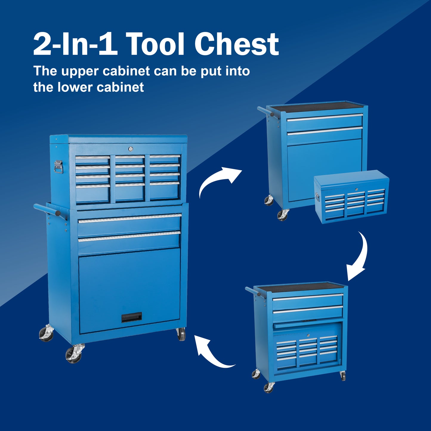 8-Drawer Metal Tool Storage Cabinet with Detachable Top Box - Blue