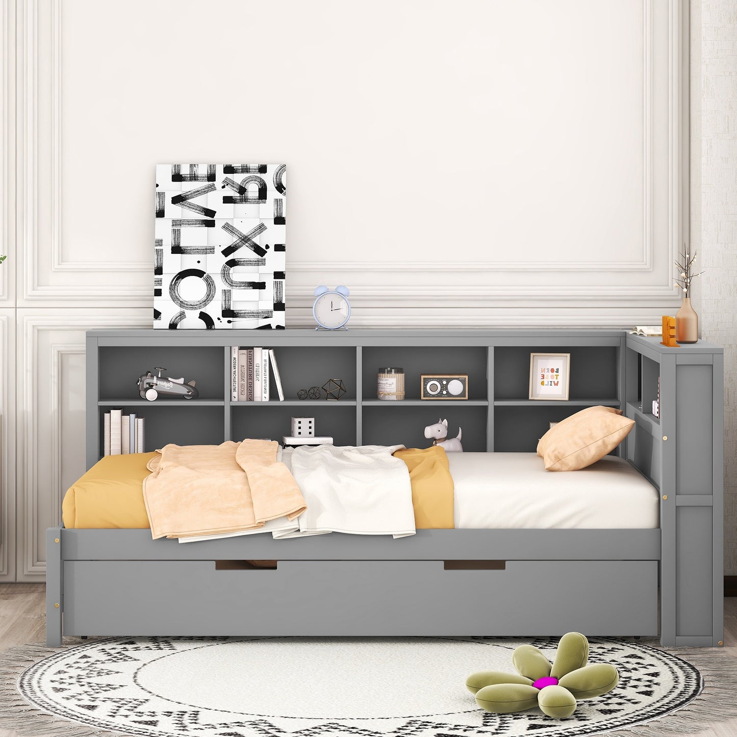 Wooden Twin Size DayBed With Trundle, Storage Shelf And USB Charging