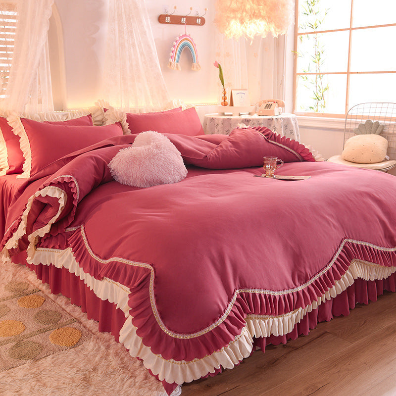 Luxury Four-Piece Lotus Leaf Lace Bed Sheet Duvet Cover Set with Bed Skirt