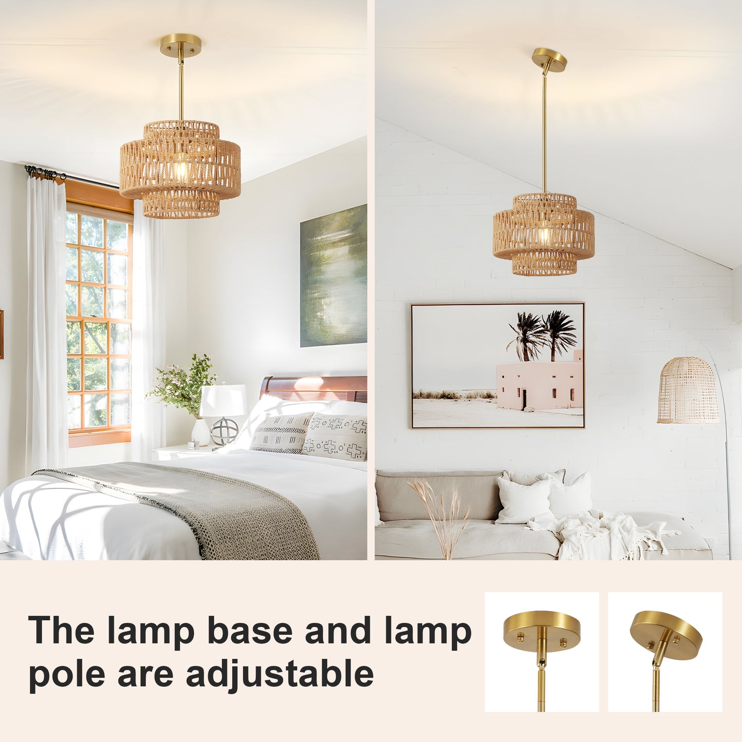 12.6in Boho Rattan Pendant Light Fixture - Farmhouse Rustic Hanging Lamp for Kitchen & Living Room