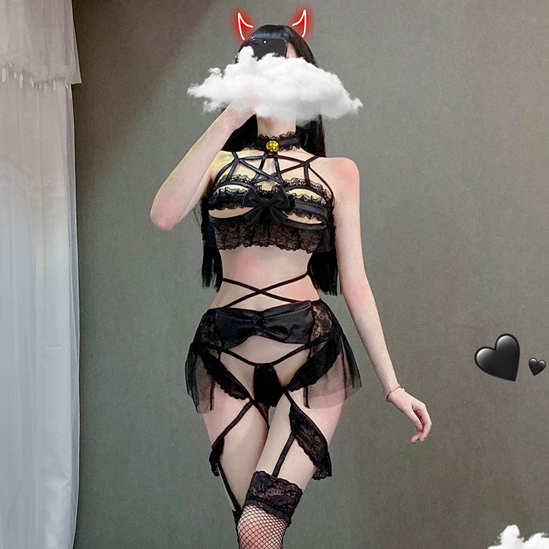 Sexy Devil's Wings Costume for Women - Mesh Lace Girdle and Net Socks Set