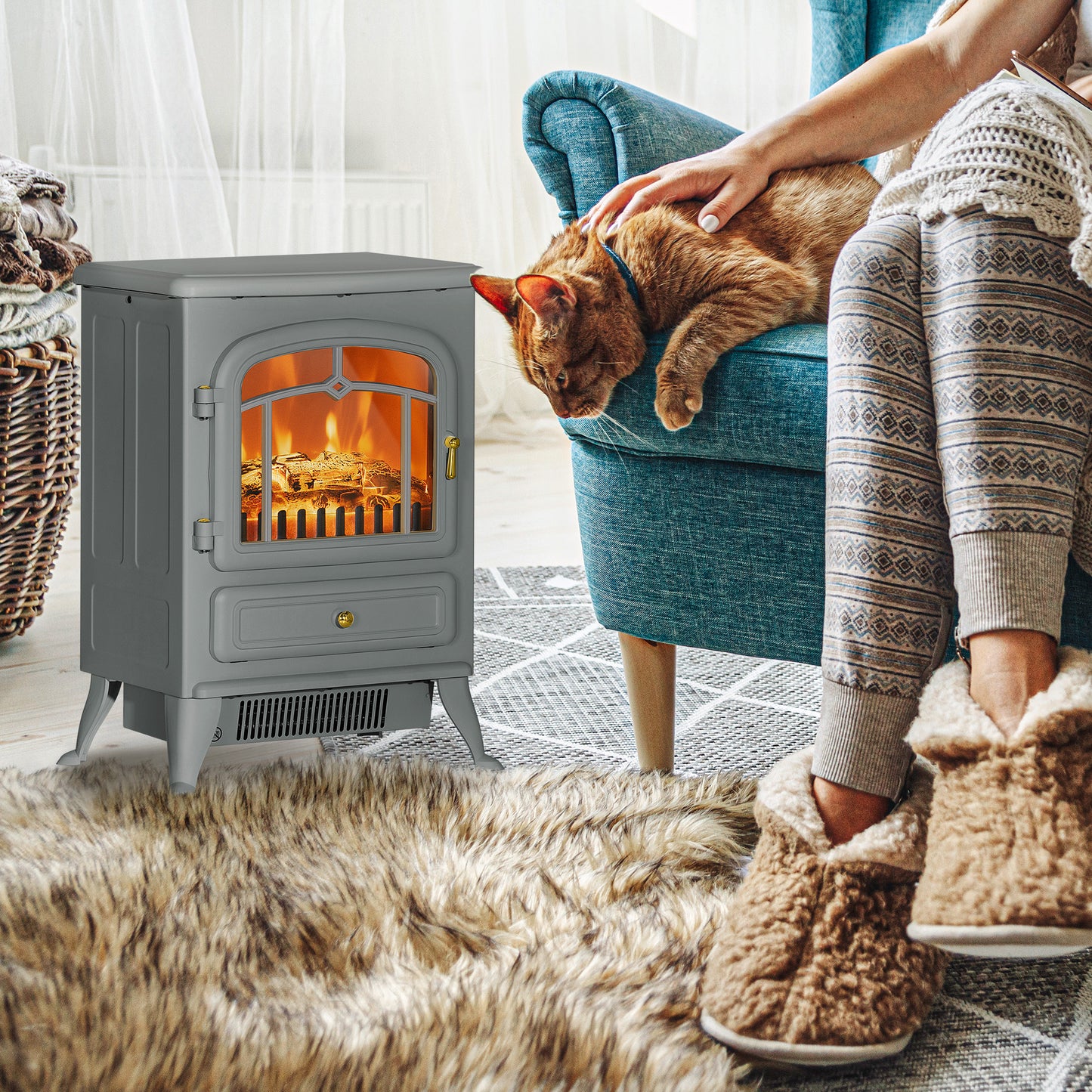 Electric Fireplace Heater with Realistic LED Flames, Logs, 725W/1450W - Gray