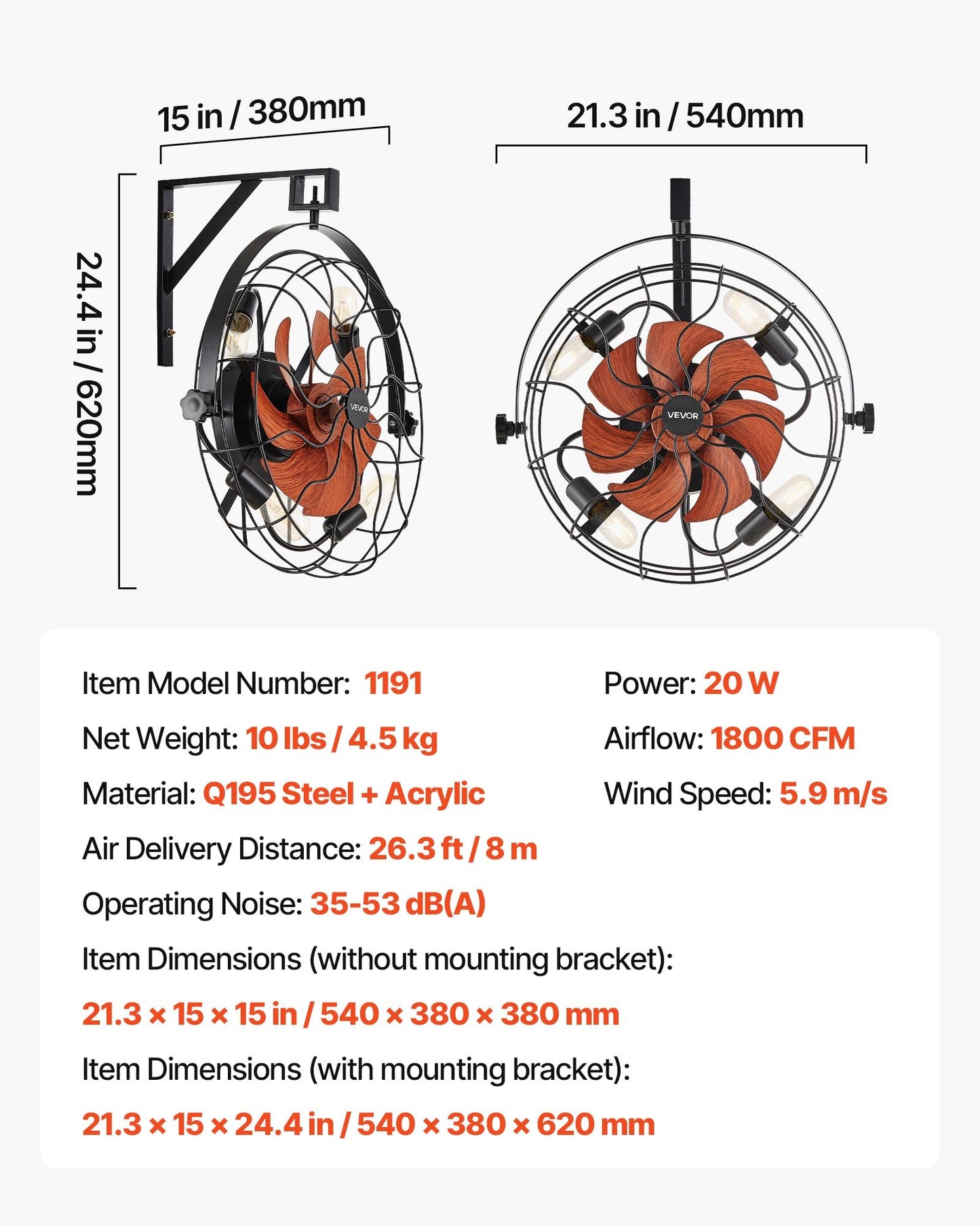 Wall Mounted Fan with Lights and Remote, 21-Inch, 6 Speeds, Timer, 360° Tilt, E26 Socket Compatible