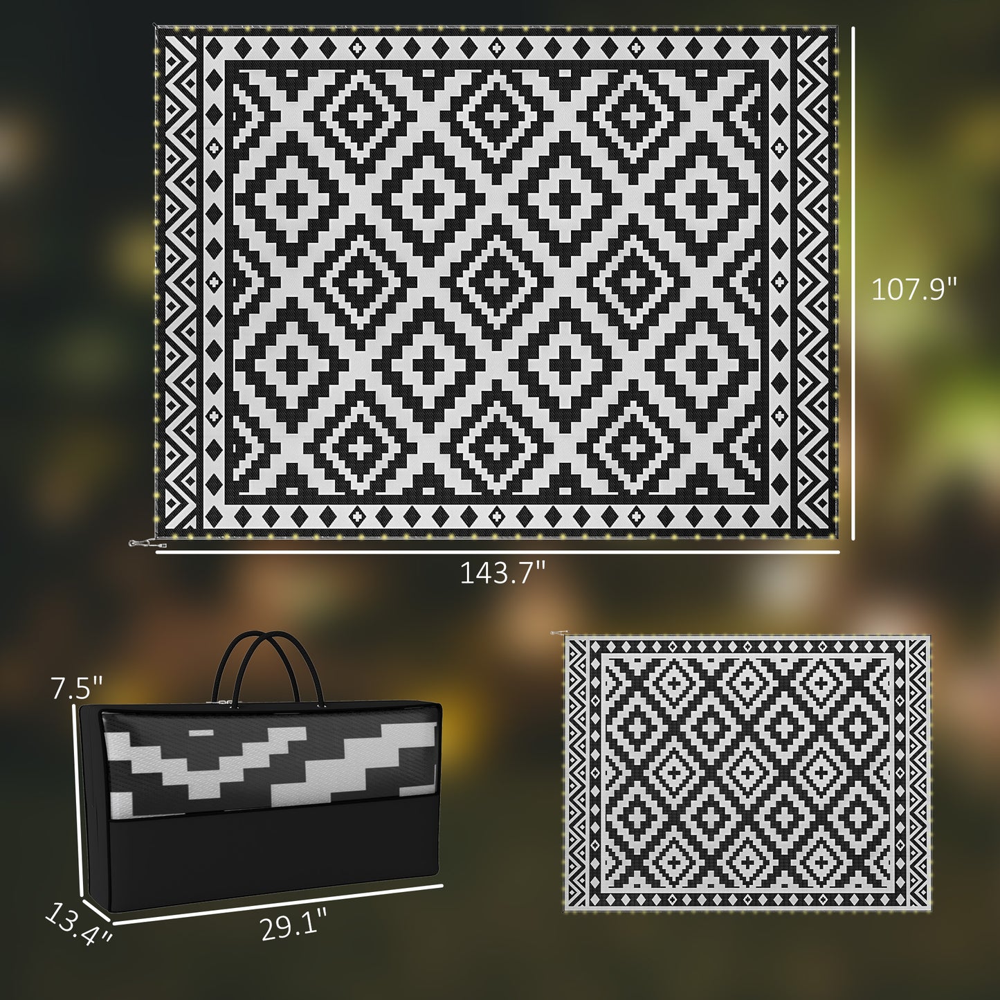 Reversible Outdoor Rug with LED Lights - Black & White 12x9