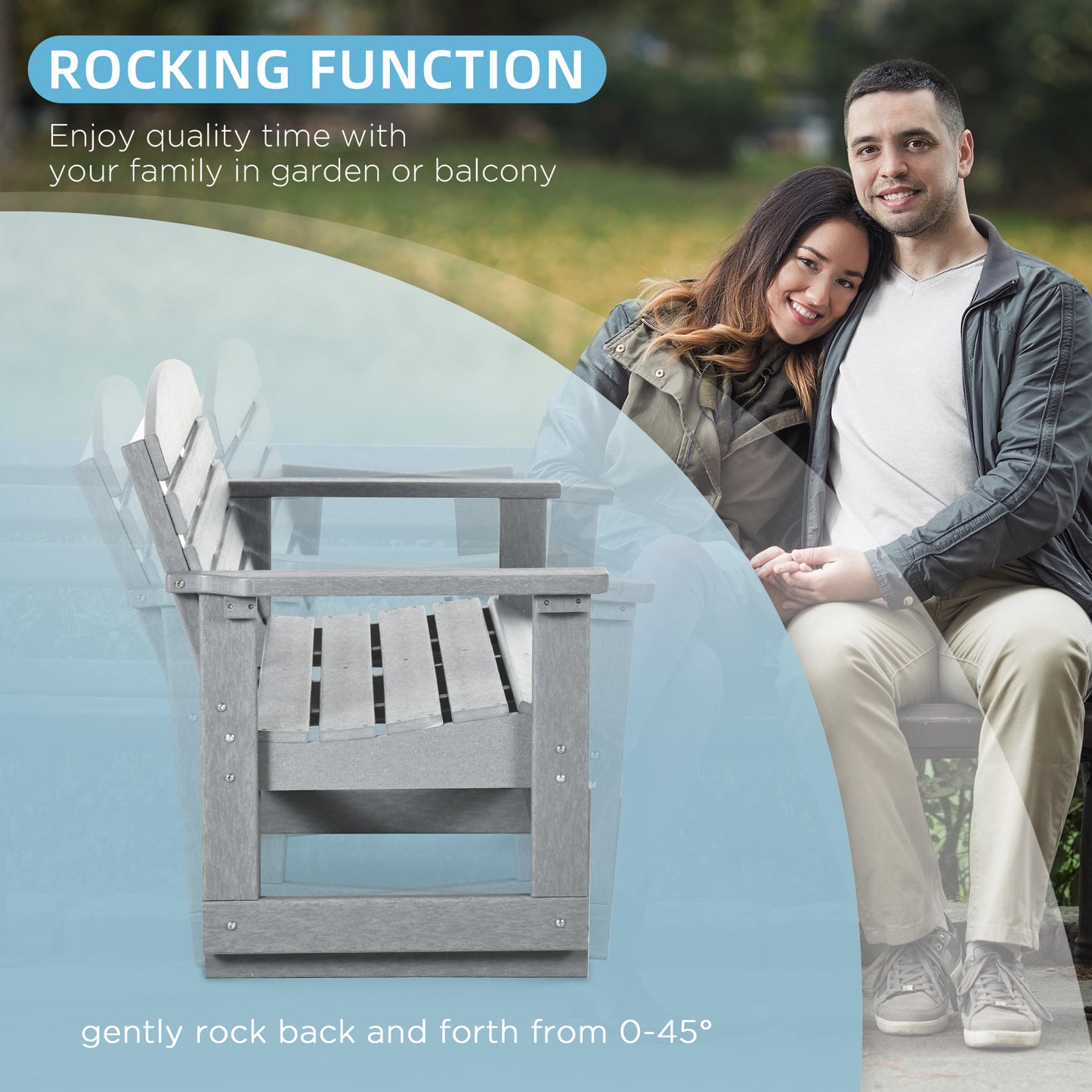 Outdoor Patio Glider Bench - HDPE Slatted Rocking Chair, Light Gray