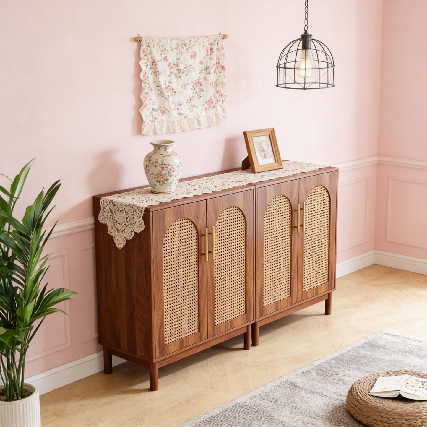 Modern Storage Cabinet - Rattan Sideboard Buffet in Light Brown