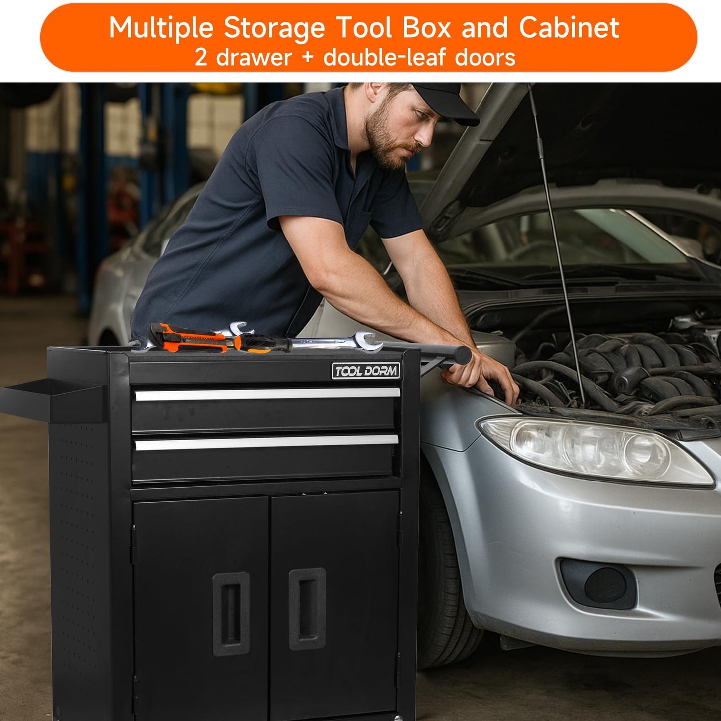Double-Door Tool Storage Cabinet with 2 Drawers, Heavy-Duty Steel, Lockable Doors