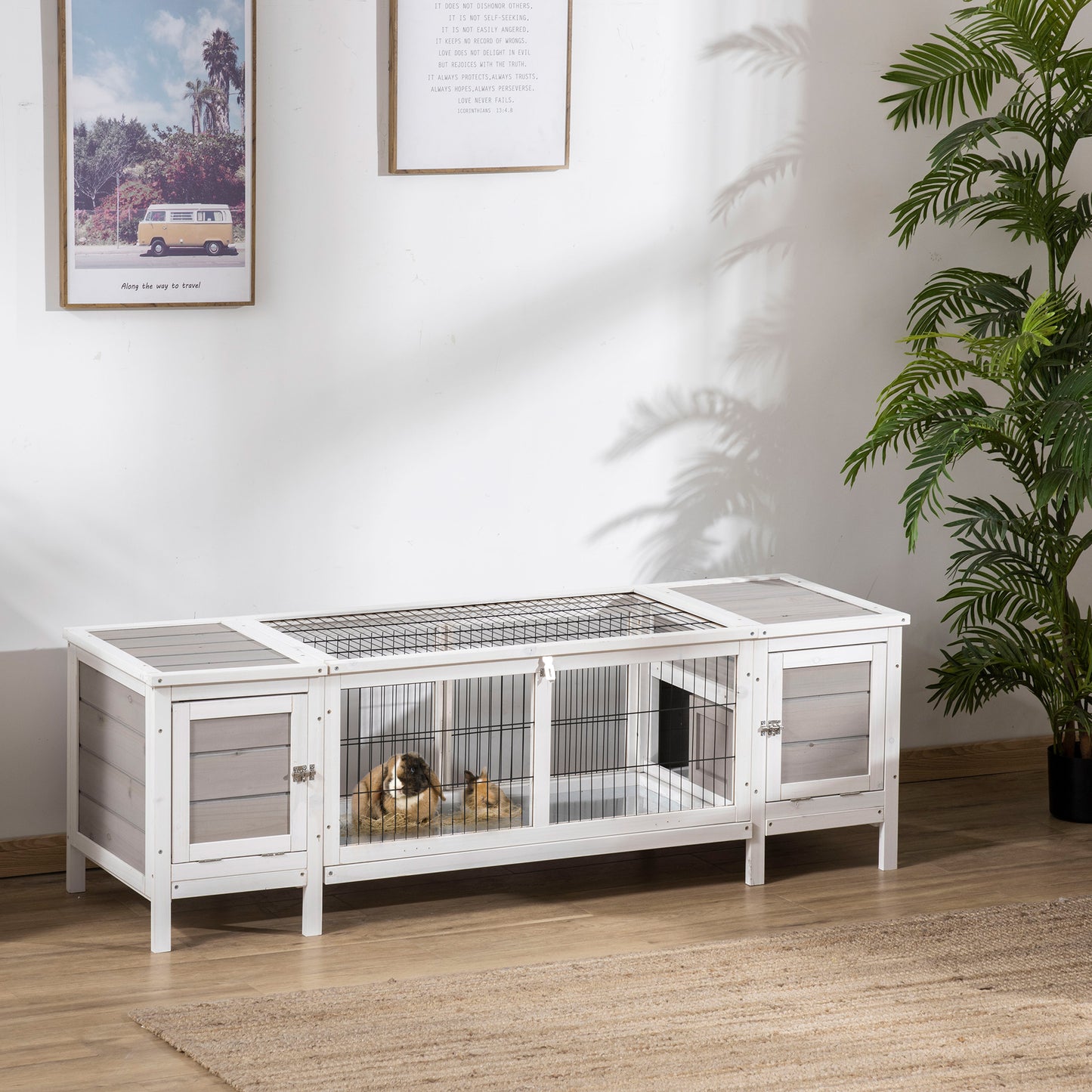 Indoor Rabbit Hutch with Pull-Out Tray and Divided Board - White, 970x560x260mm