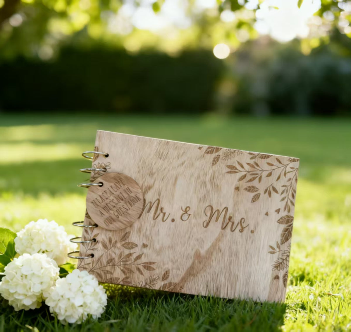 Wooden Wedding Guest Book with Engraved Mr. & Mrs., Customizable Rustic Photo Album for Bridal Shower & Reception