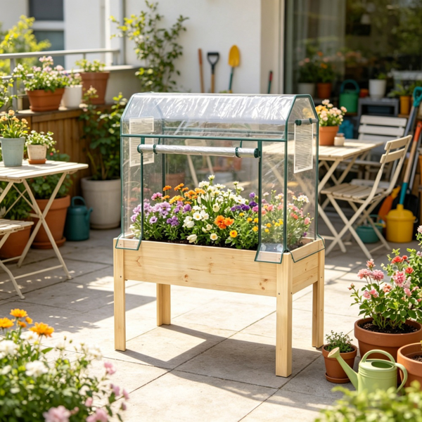 Raised Garden Bed with Cover and Wooden Base - Outdoor Planting Container