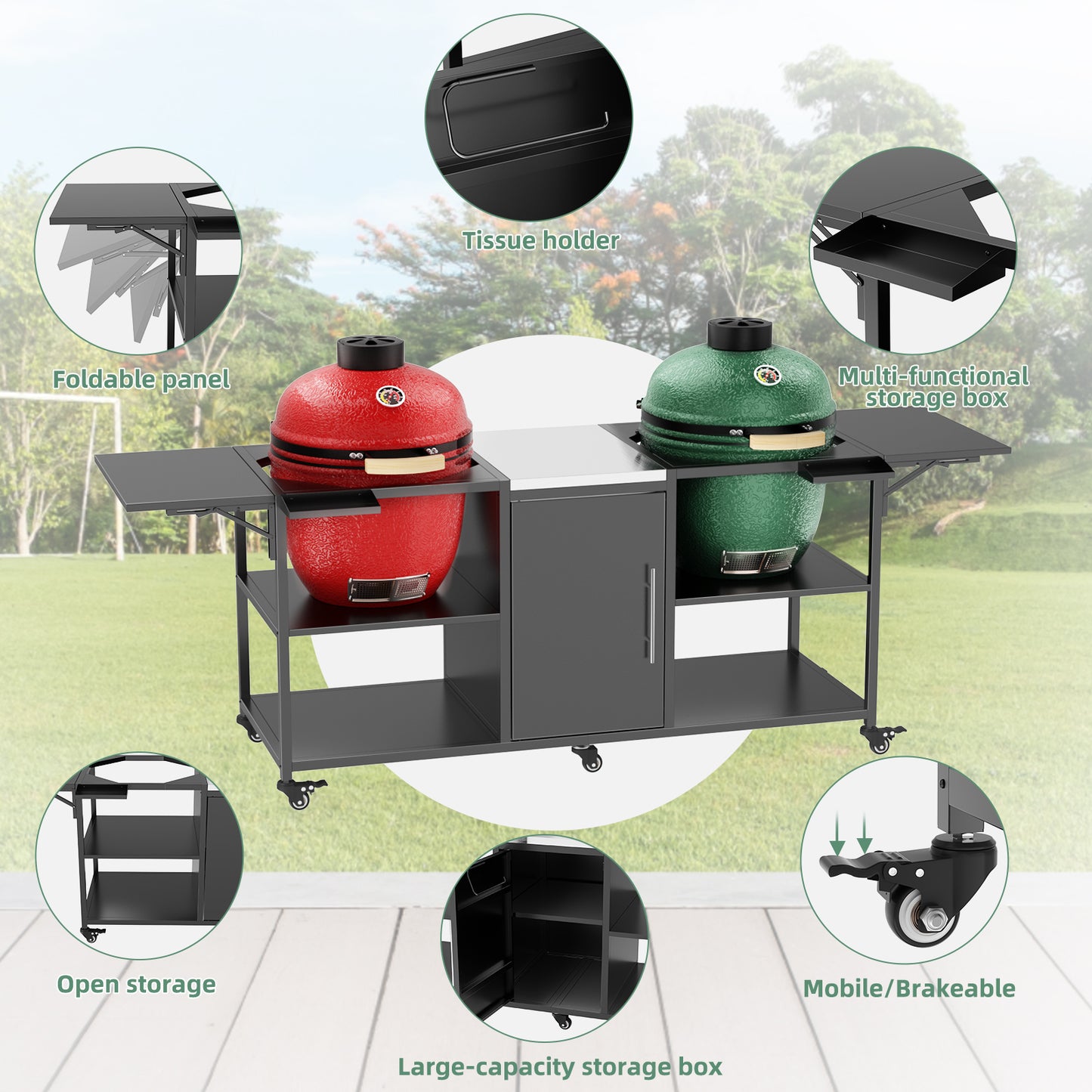Outdoor Grill Cart for Two Big Green Egg & Kamado Joe 18 Inch - Metal Stainless Steel Table with Storage